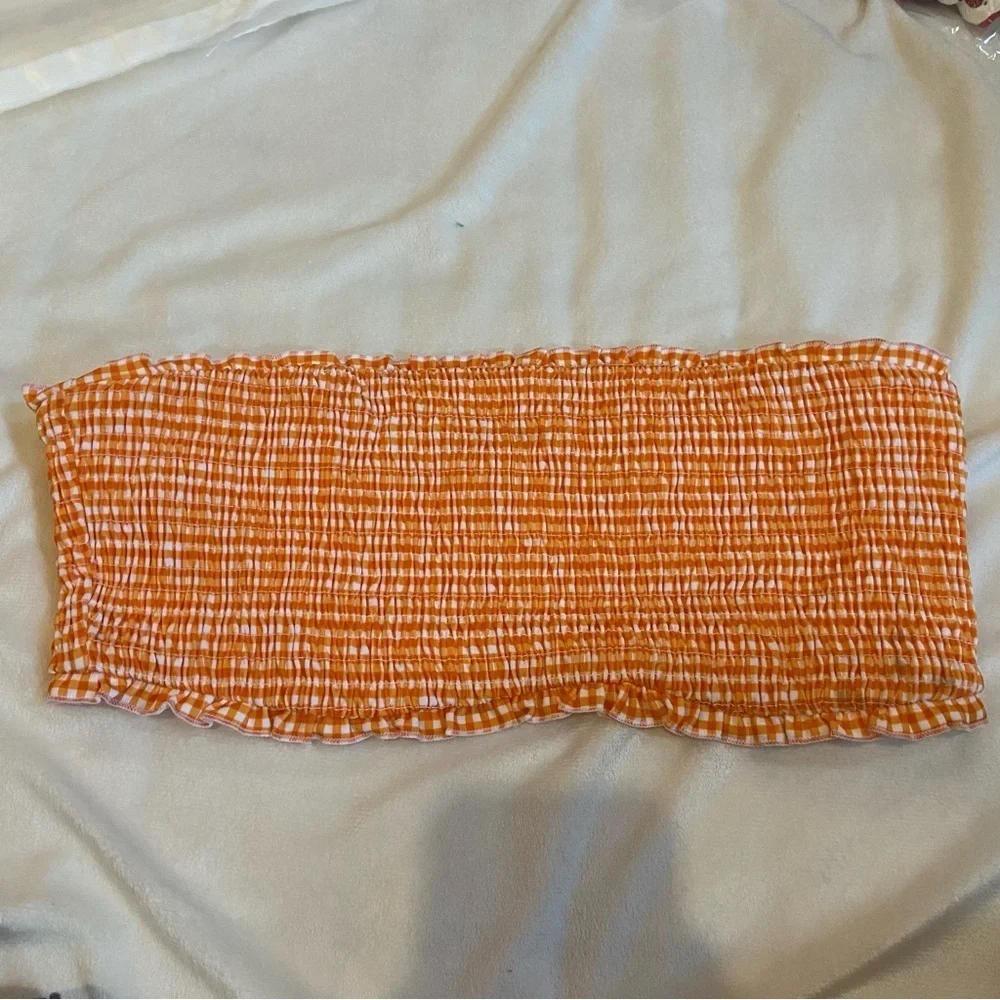 New! Frankie's Bikinis Iris Orange White Gingham Bandeau bikini Top 1575